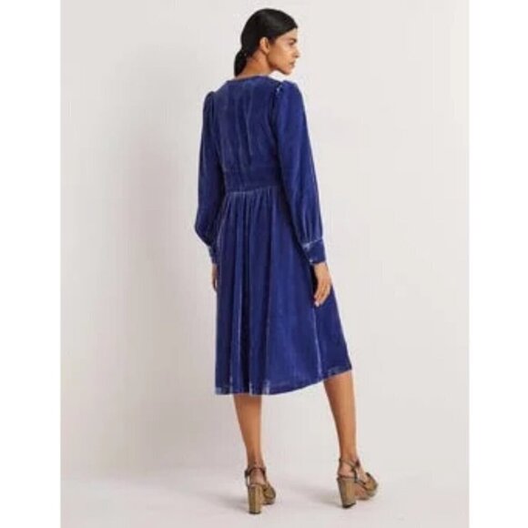 💕BODEN💕 Velvet Midi Party Tea Dress ~ Sea Blue US 8 NWT - Picture 5 of 16